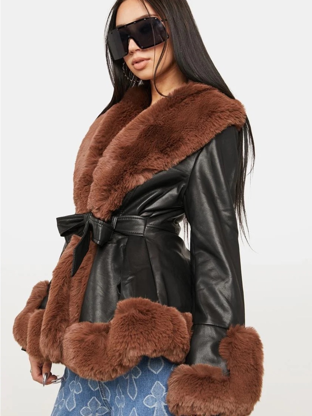 AZALEA WANG Kenzy Brown Faux Leather & Fur Belted Coat - Size XL